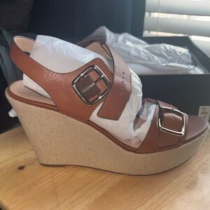 27 EDIT Tan Wedge Sandals with Silver Buckles